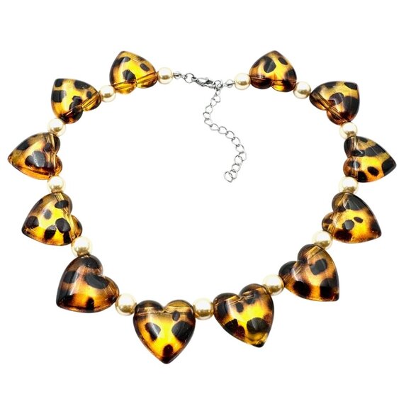 Womens Faux Tortoise Lucite Heart Pearl Silver Tone Choker Necklace Trendy - Picture 1 of 2